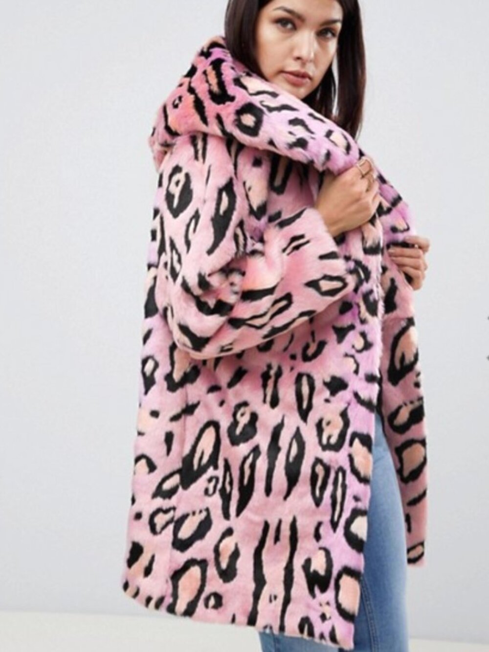 ASOS Pink Leopard Faux Fur Hooded Coat